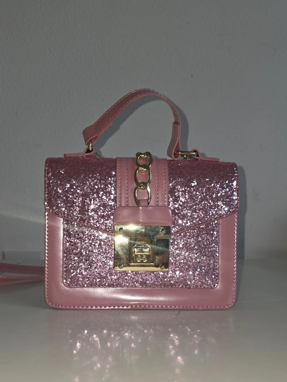 Pink Glitter Top-Handle Crossbody Bag